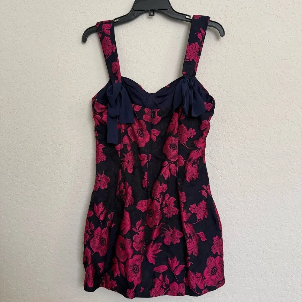 Lulus Navy and Magenta Jacquard Tie Strap Mini Dress Sz M Floral Party Cocktail - Picture 3 of 8